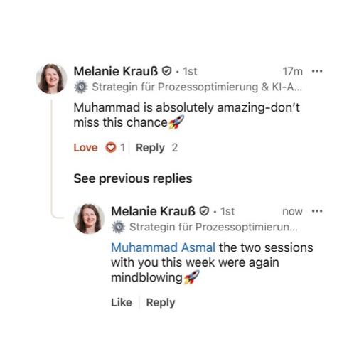 Melanie Krauss: Muhammad is absolutely amazing, don't miss this chance. The two sessions with you this week were again mindblowing.